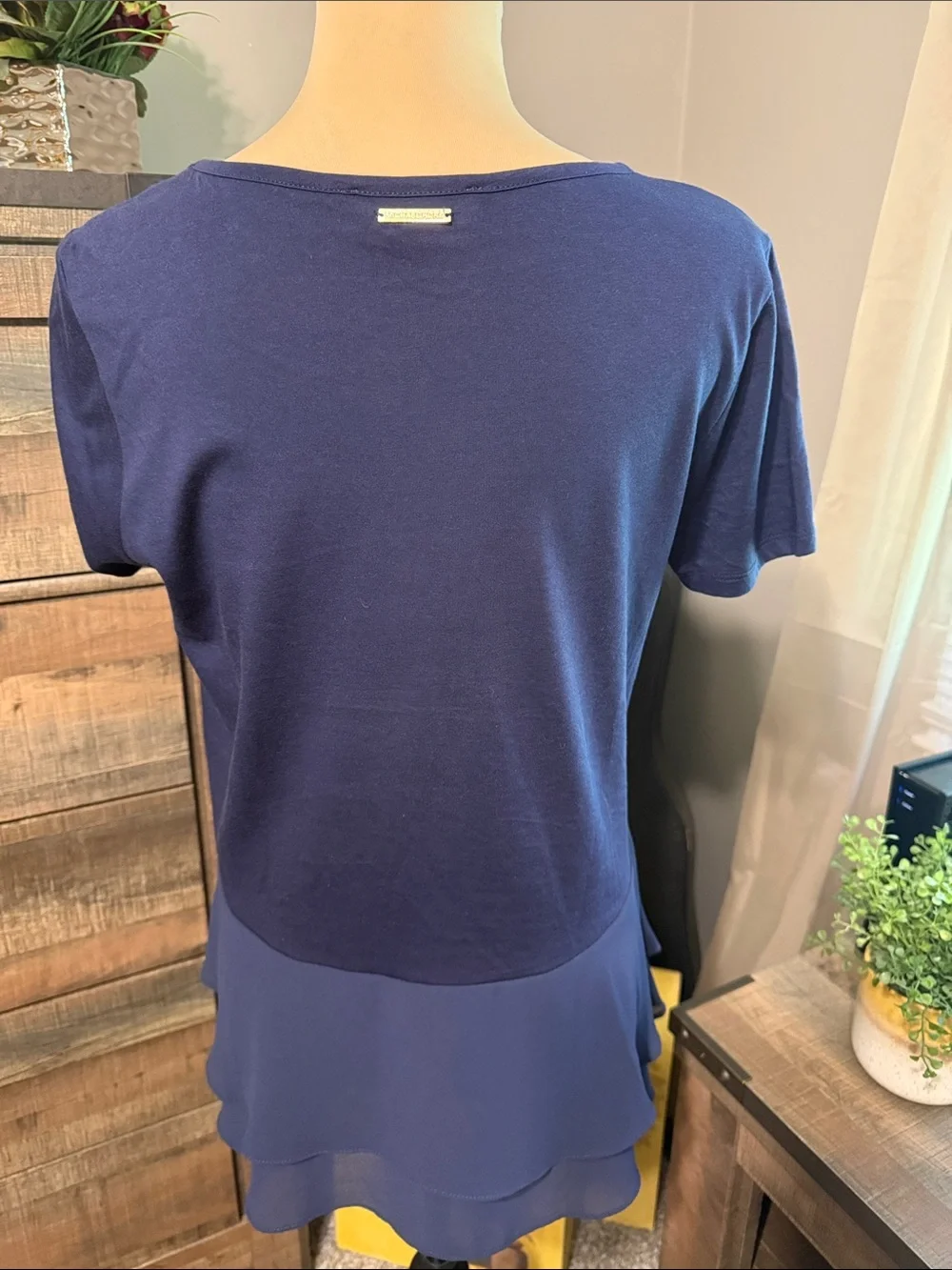 Michael Kors Navy Short Sleeve Layered Peplum Top
